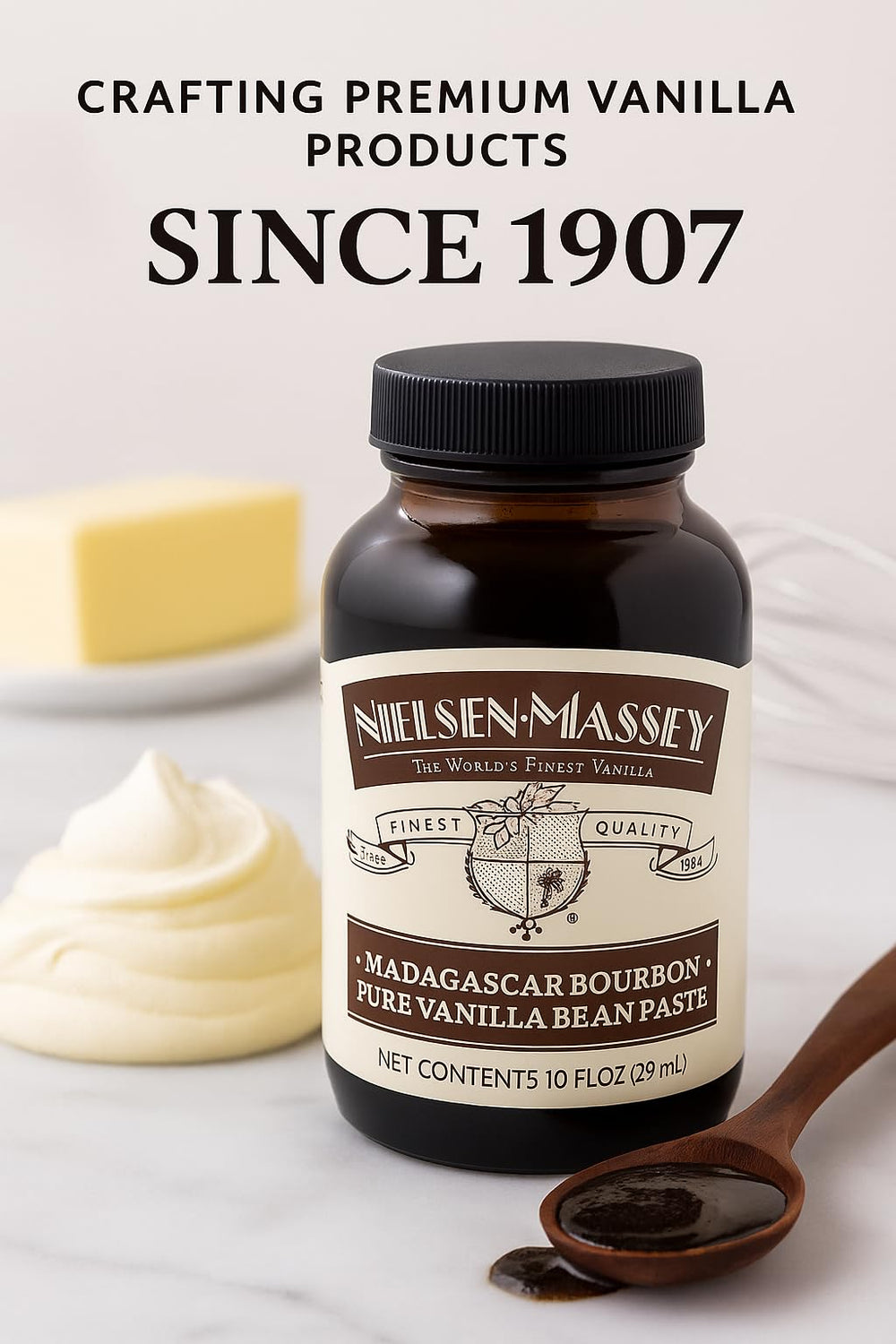 Nielsen-Massey bottle highlights clean, allergen-free vanilla ingredients.