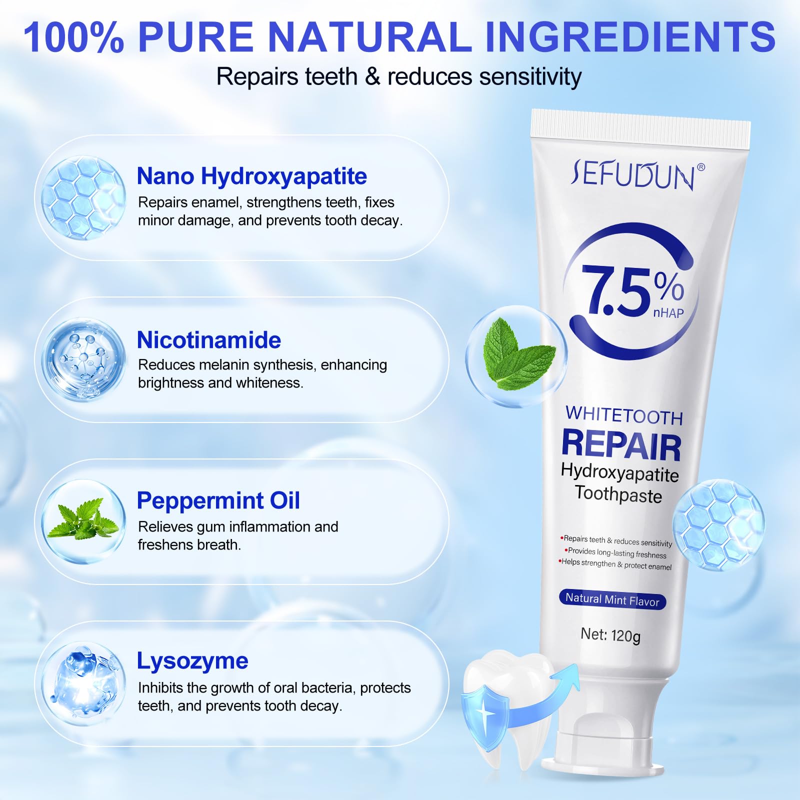 NIFEISHI hydroxyapatite toothpaste nano particles close-up highlighting micro-repair action.