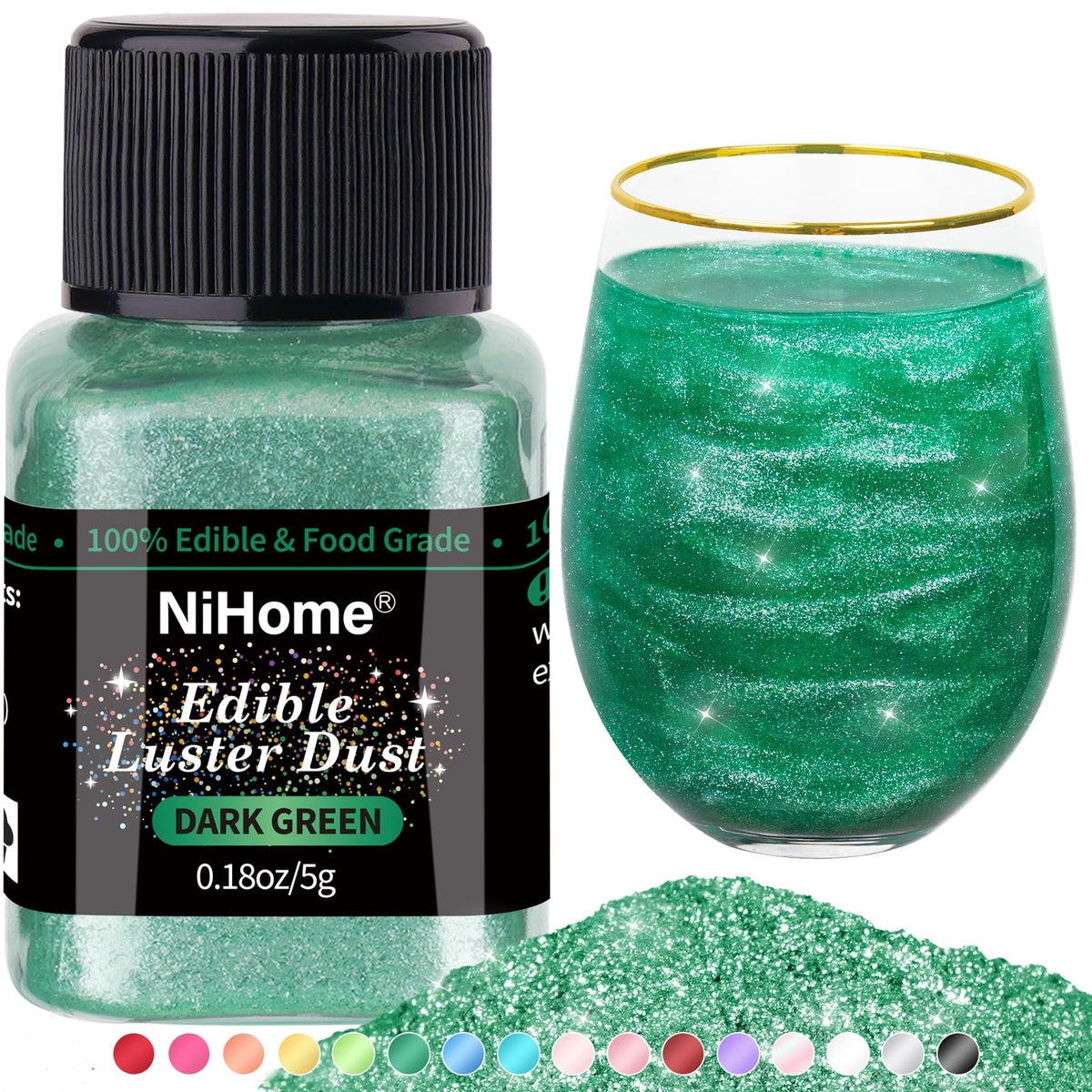 NiHome dark green glimmer powder bottle pour adds edible sparkle to drinks