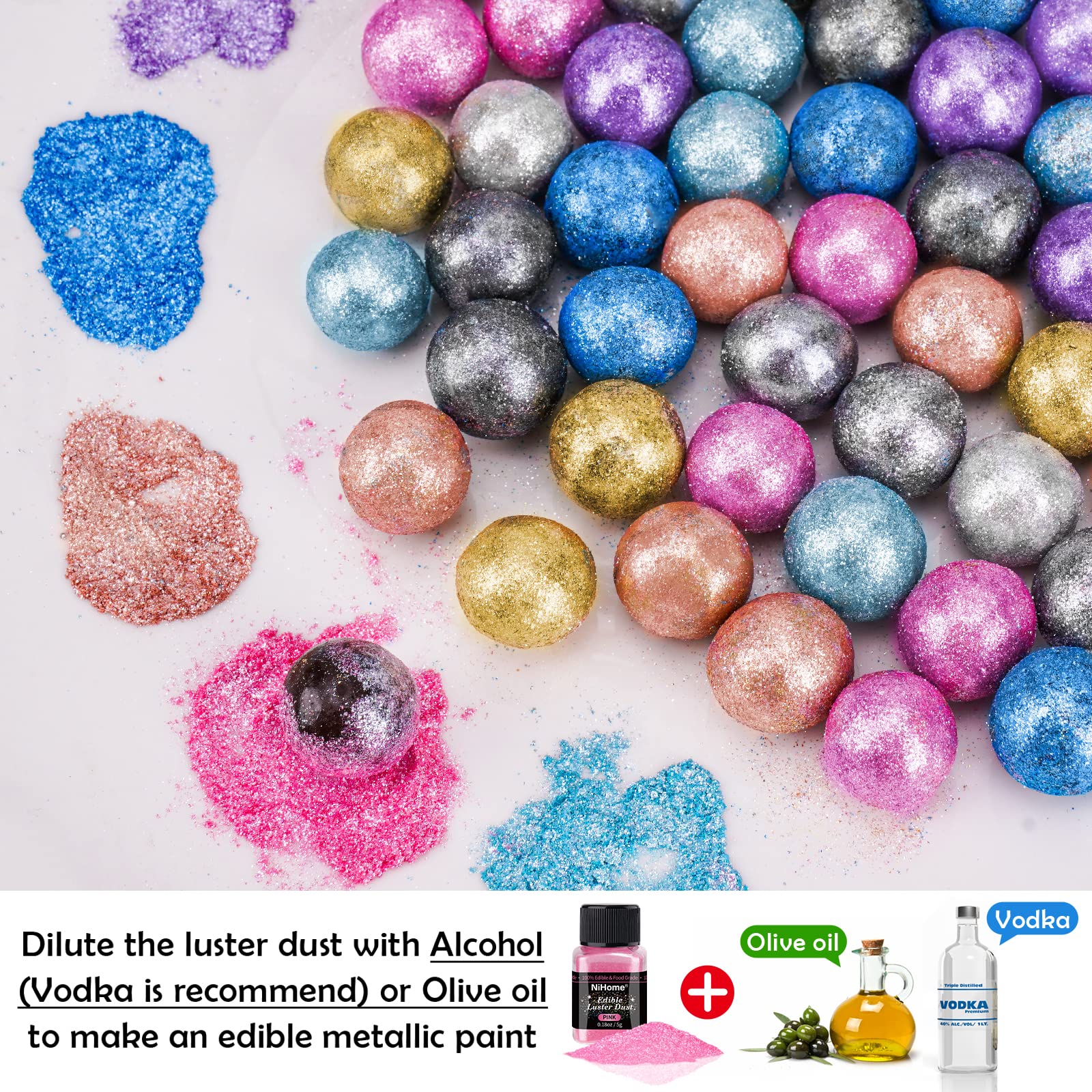 NiHome easy-to-dispense pink luster dust for dry brush or sprinkle.