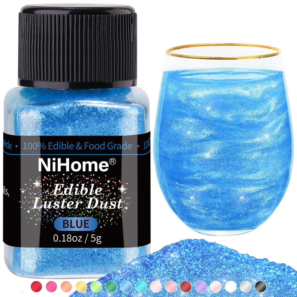 NiHome edible glimmer powder blue bottle pour for sparkling drinks.