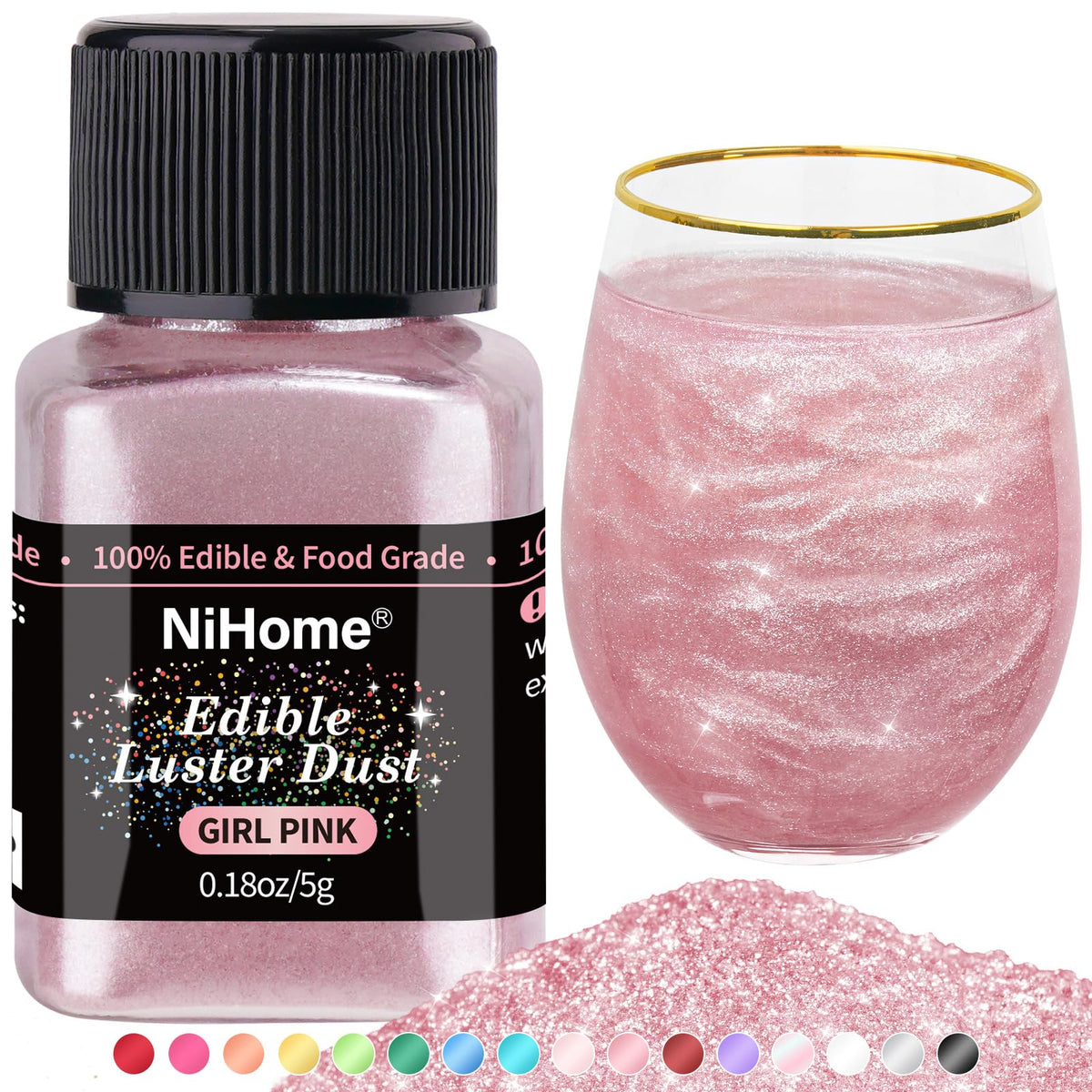 NiHome edible glimmer powder jar showing premium sparkle for desserts and beverages.