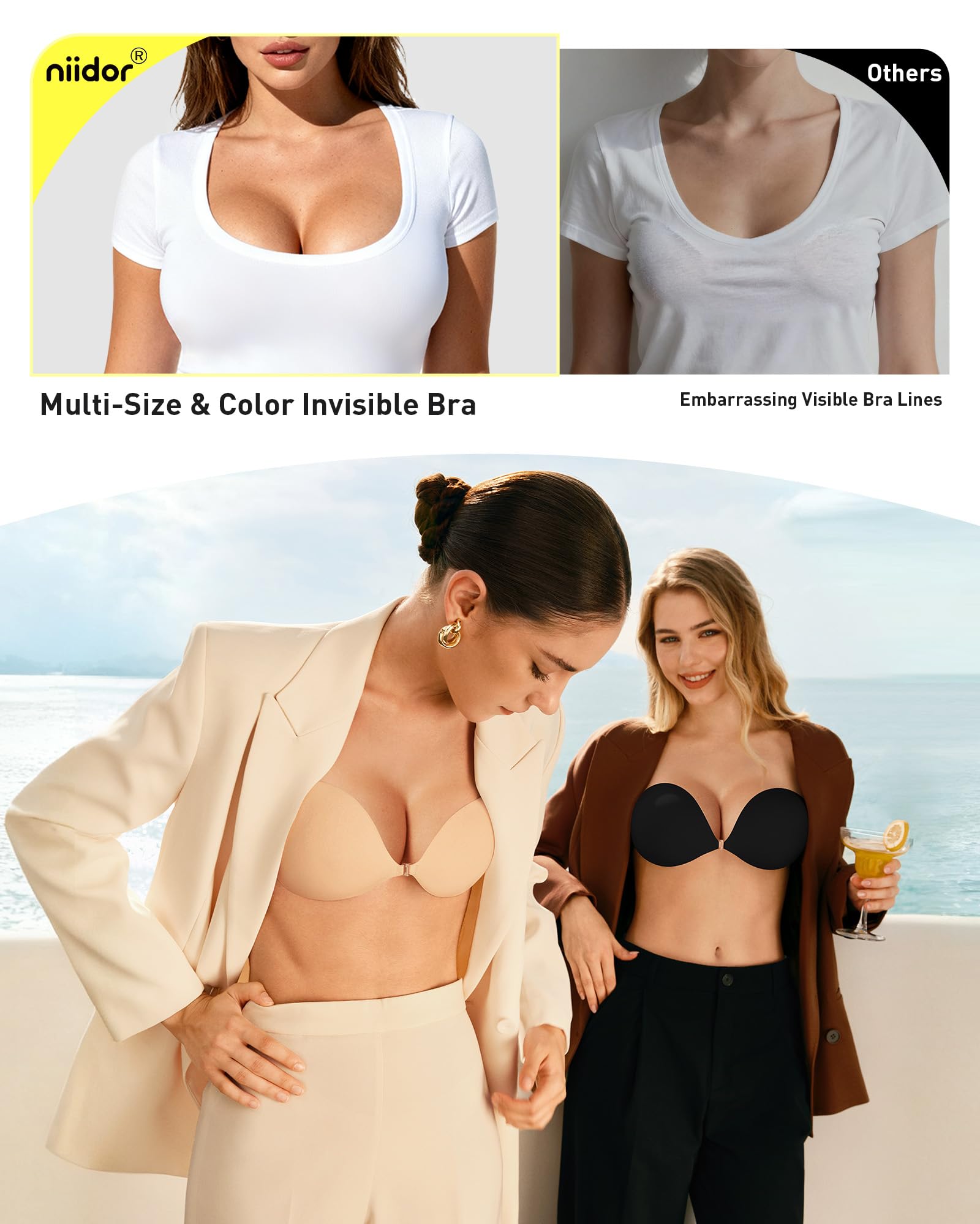 Niidor silicone cup invisible bra provides lift under form fitting outfits