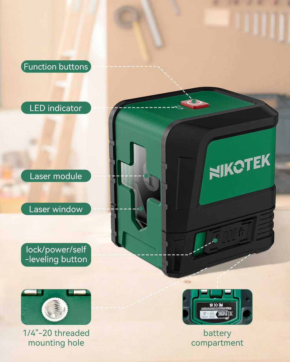 Nikotek horizontal and vertical lines aid picture hanging and plumb checks.