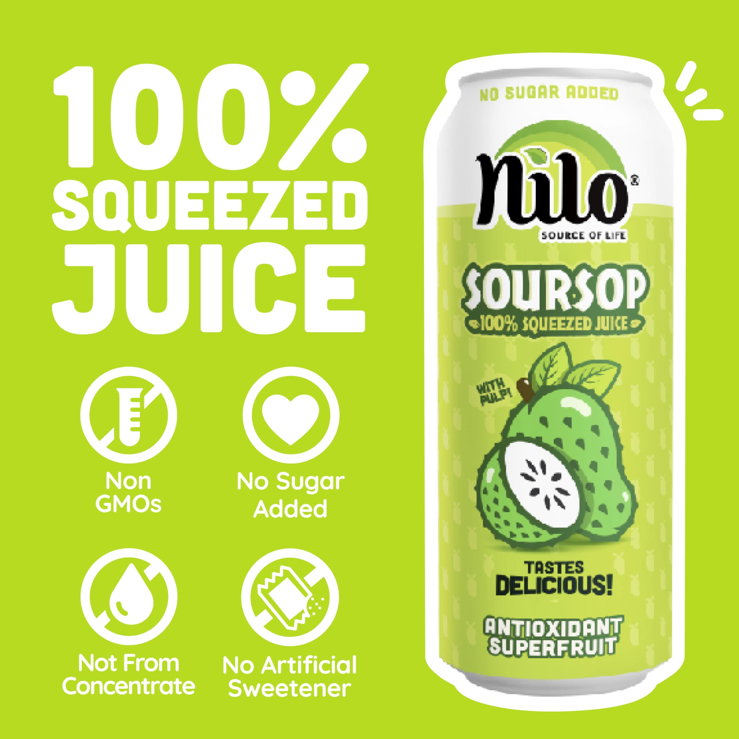 NILO Soursop juice label view highlights purity and no sugar added.