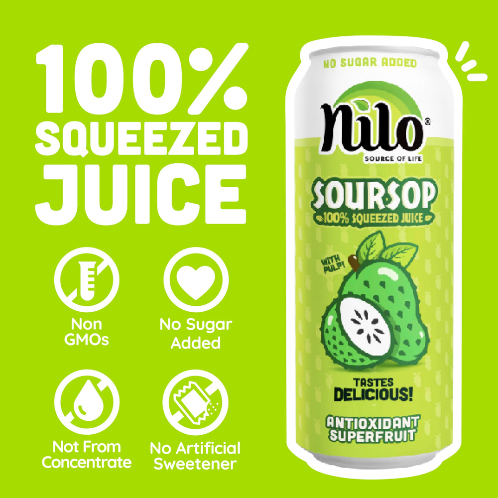 NILO Soursop juice label view highlights purity and no sugar added.