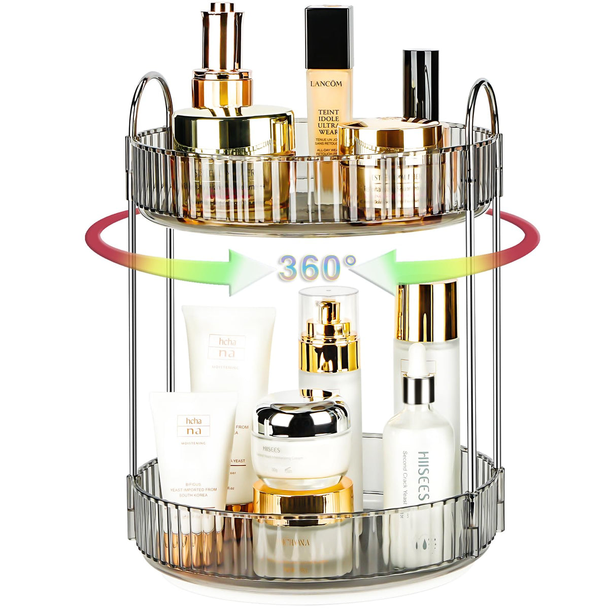Niluks 360° spin organizer enables easy access to cosmetics on a vanity