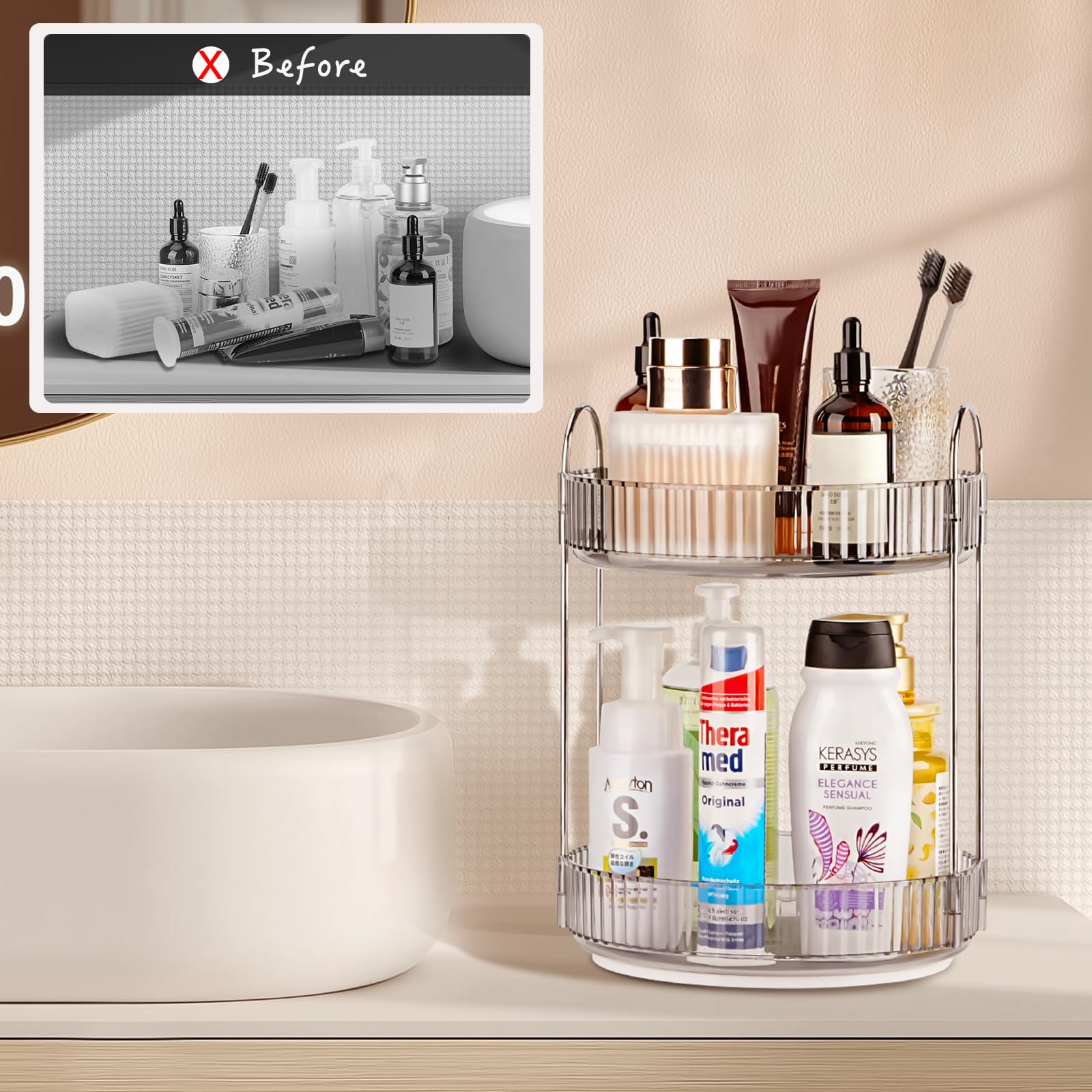 Niluks two-tier lazy susan keeps bottles organized and visible