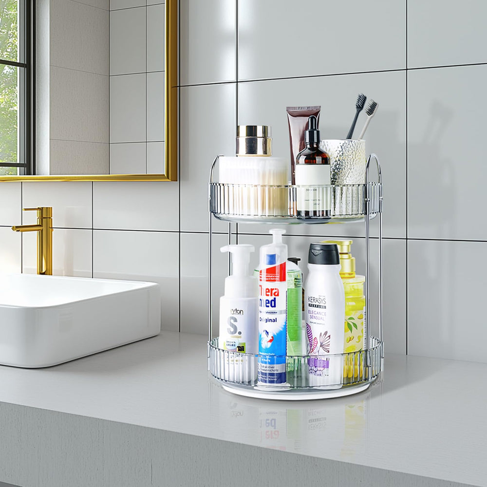Niluks vanity organizer in use on a countertop for skincare and makeup