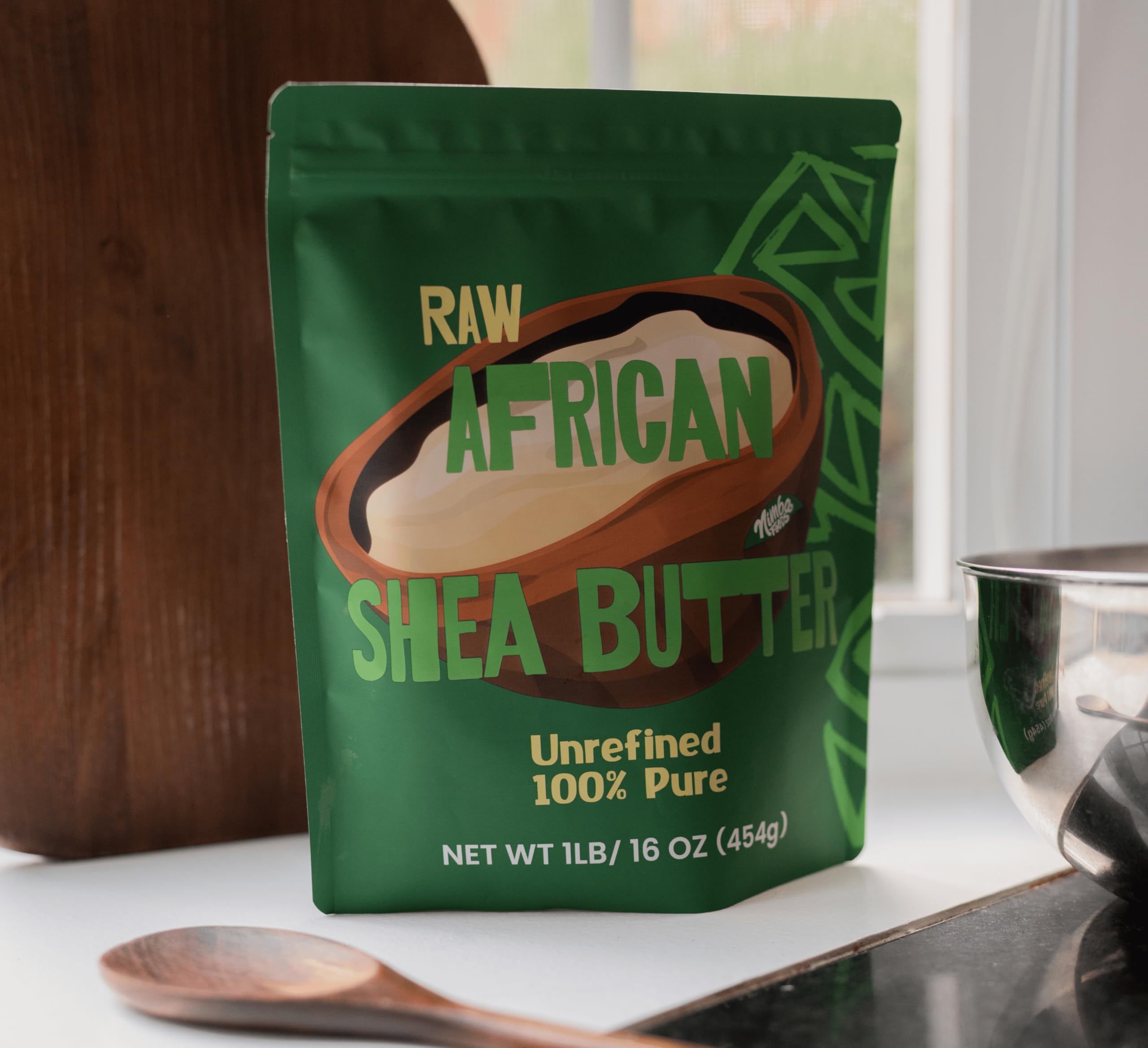 Nimba Foods shea butter as body moisturizer, melts on skin for easy application.