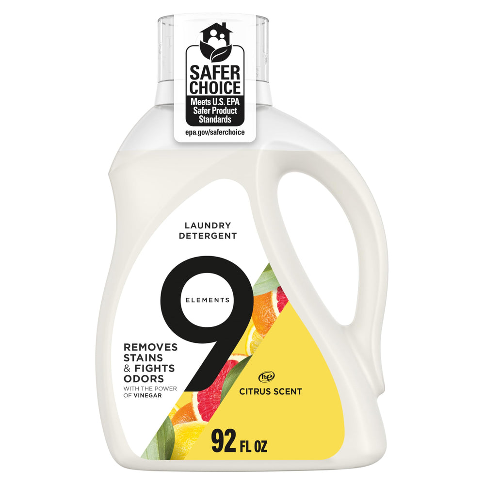 Nine Elements citrus detergent bottle ready for a fresh load
