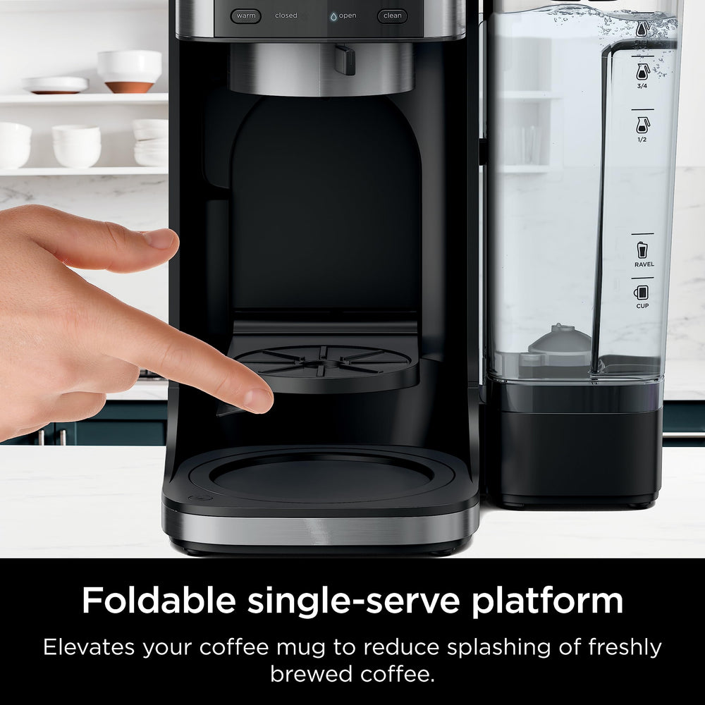 Ninja DualBrew Pro 60 oz removable reservoir shown beside the glass carafe
