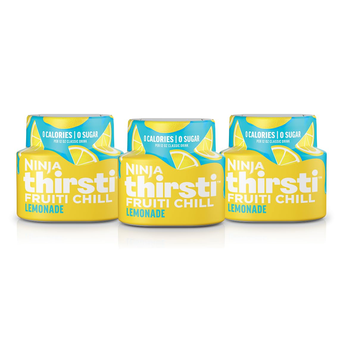 Ninja Thirsti FruitI Chill Lemonade bottle on the counter, bold flavor with zero calories.