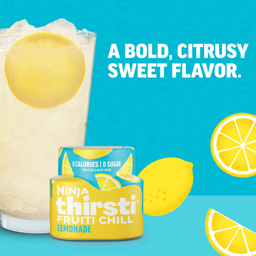 Ninja Thirsti FruitI Chill Lemonade in a glass with bubbles, showcasing a sparkling option.