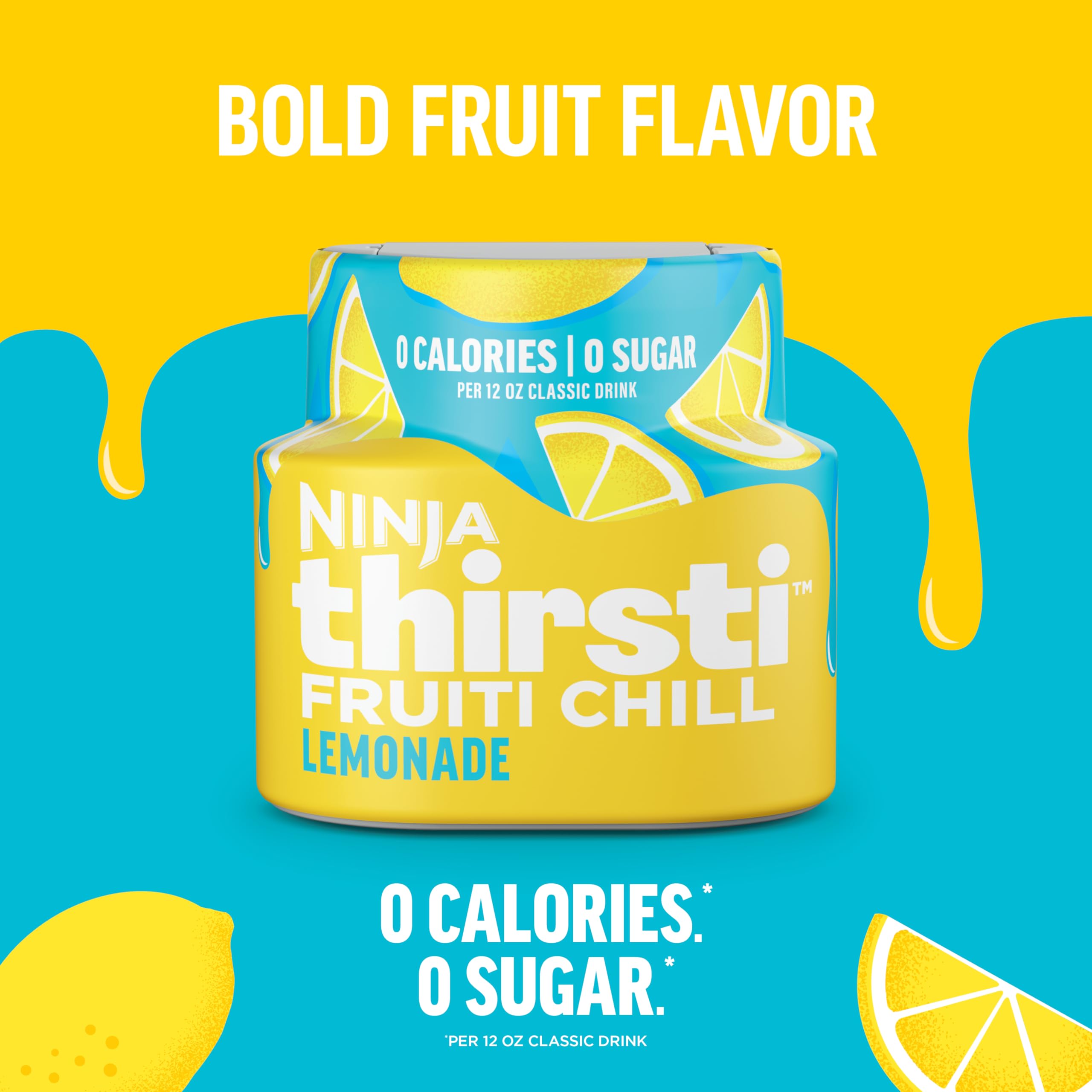 Ninja Thirsti FruitI Chill Lemonade being poured into a glass for zero-calorie refreshment.