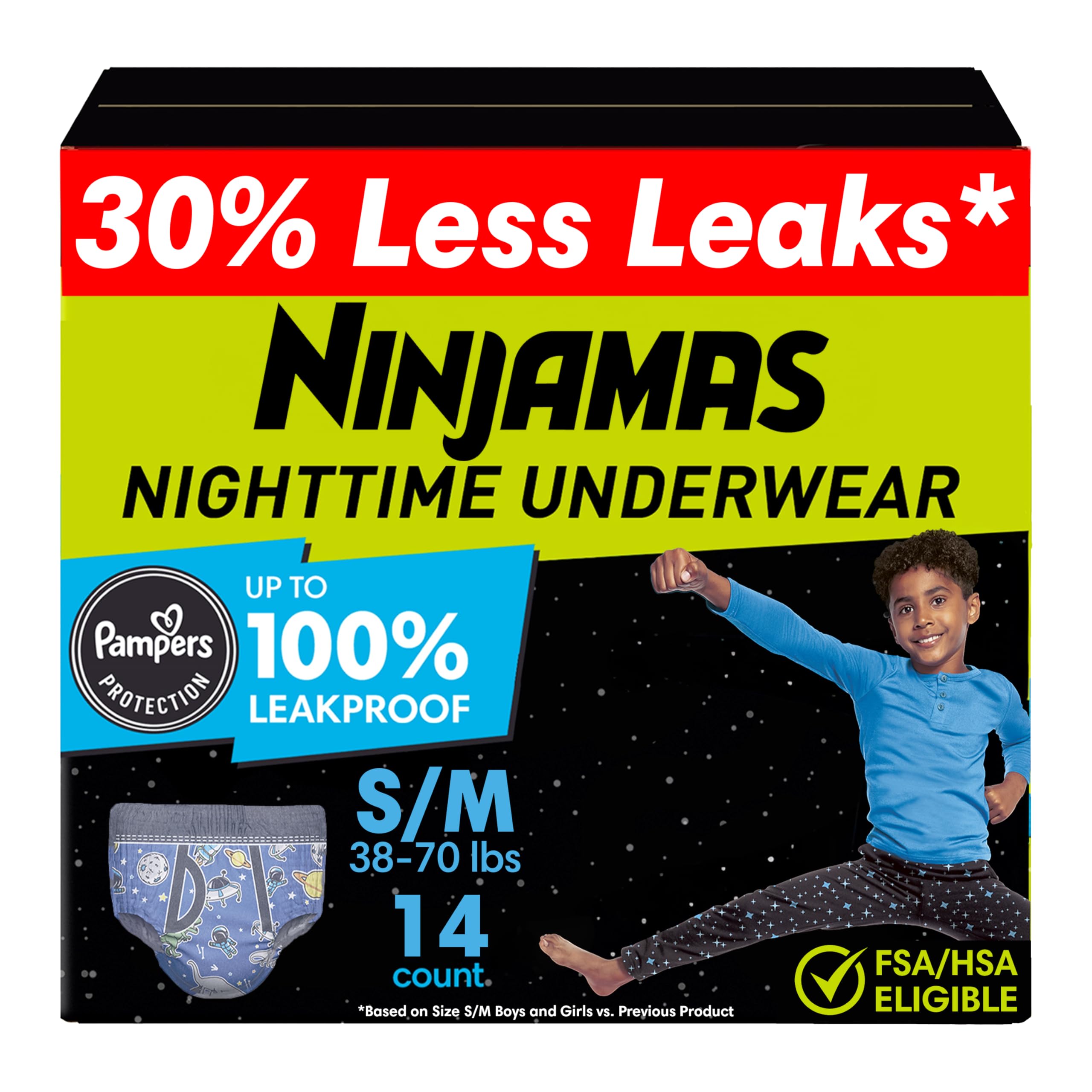 Ninjamas packaging demonstrates reliable overnight protection for kids.