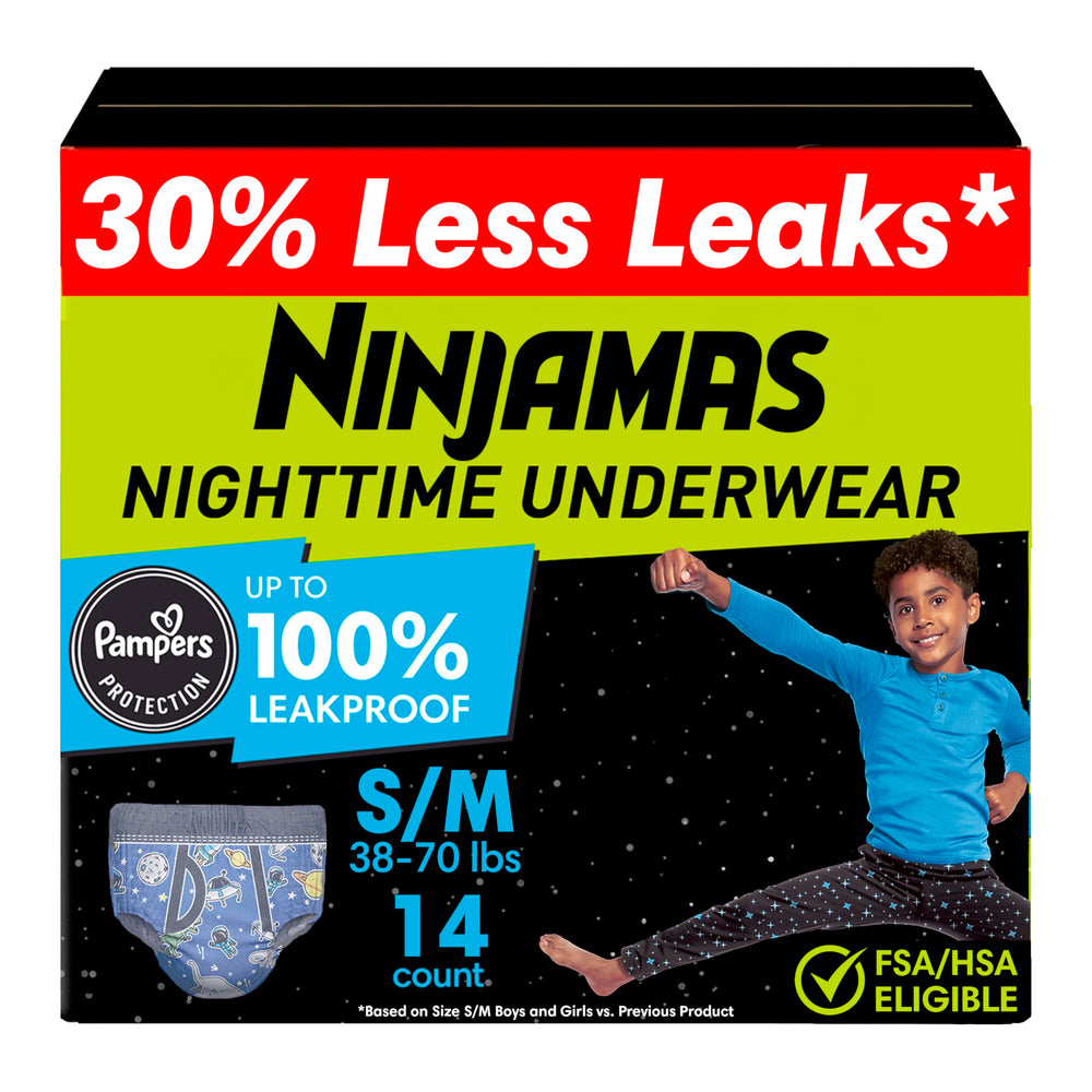 Ninjamas packaging demonstrates reliable overnight protection for kids.
