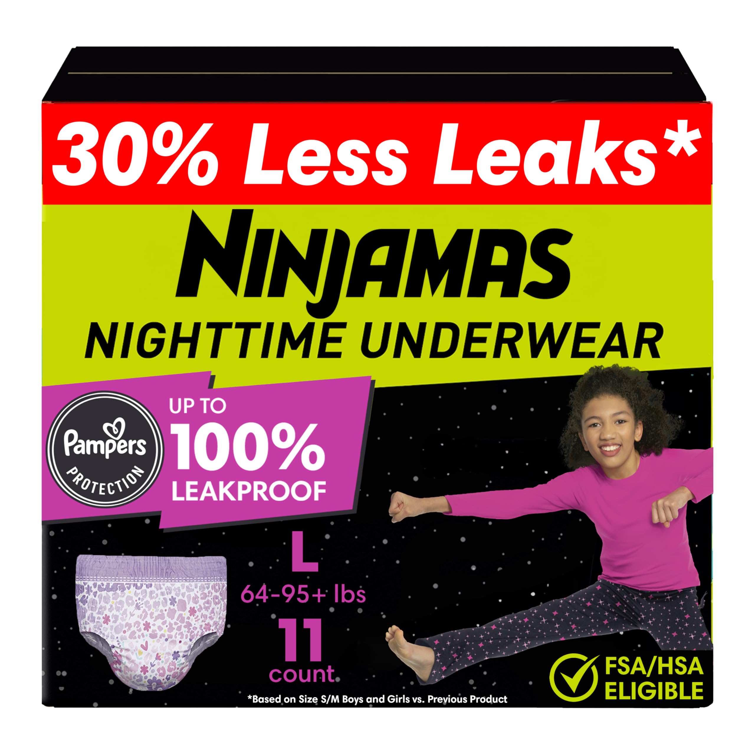 Ninjamas girls night-time underwear coverage shows a snug fit for overnight protection.