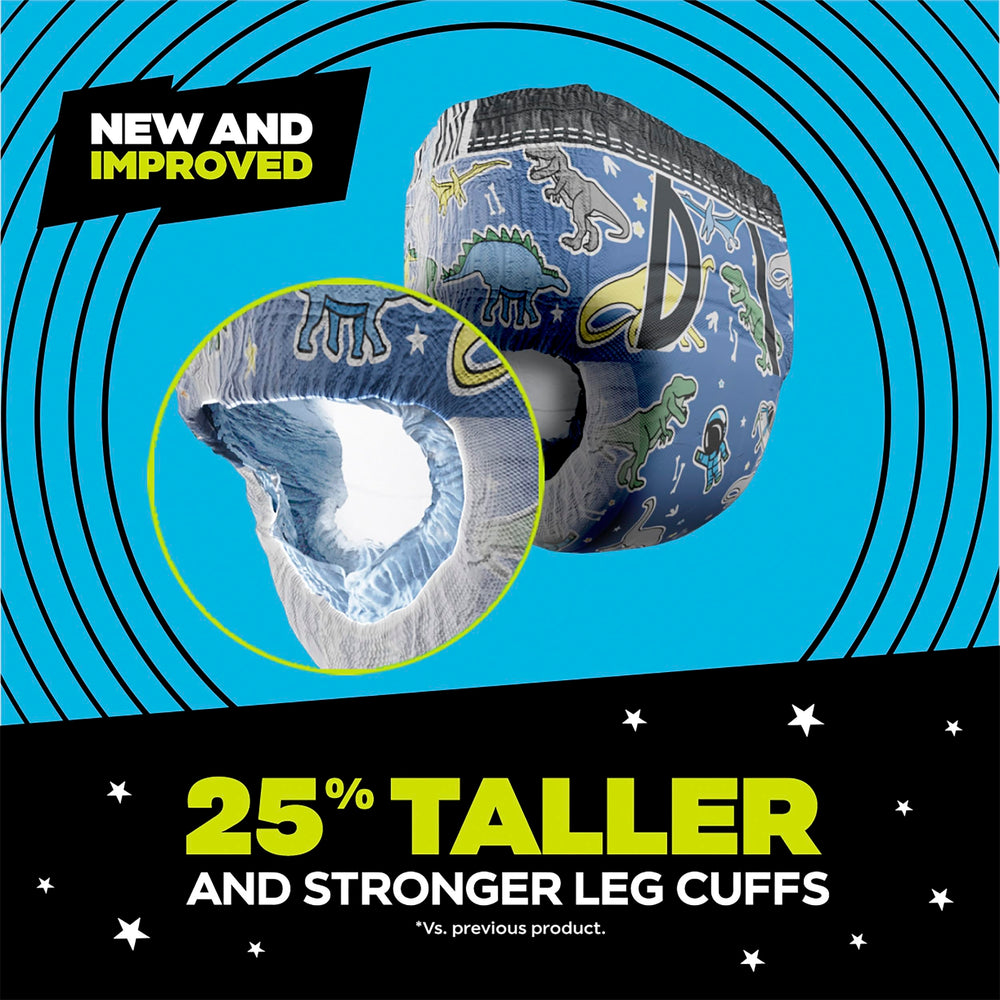 Ninjamas 25% taller leg cuffs reduce leaks during movement.