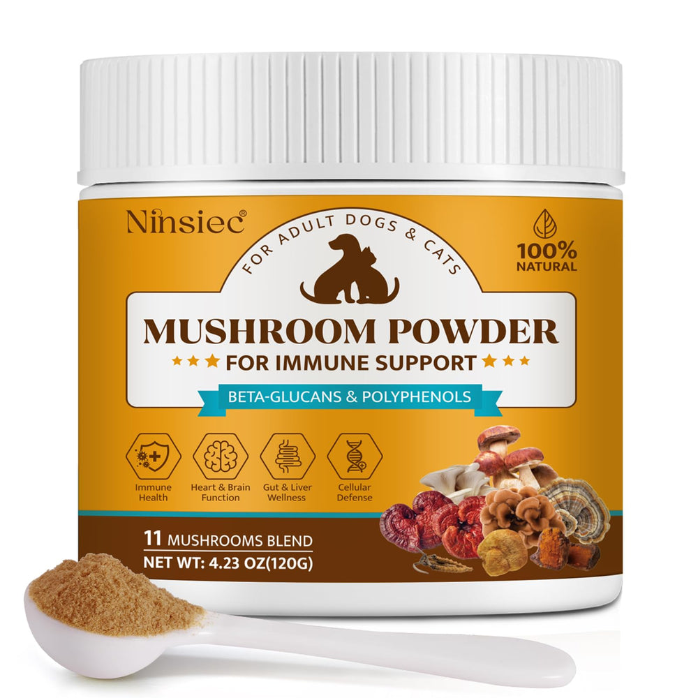 Ninsiec mushroom supplement packaging front promotes pet health and immunity.
