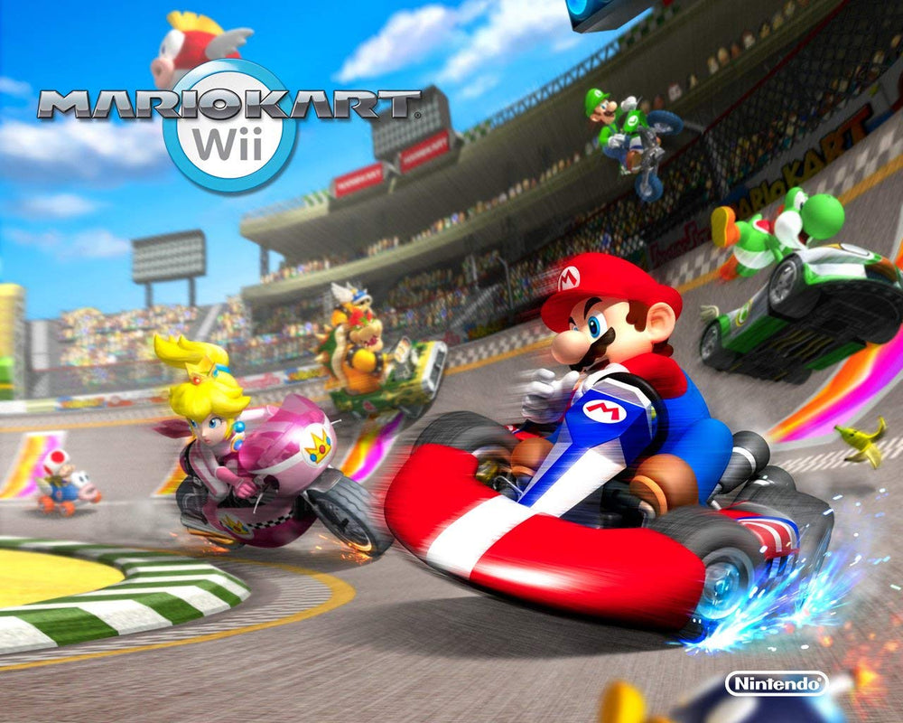Nintendo Mario Kart Wii gameplay scene showing fast action.