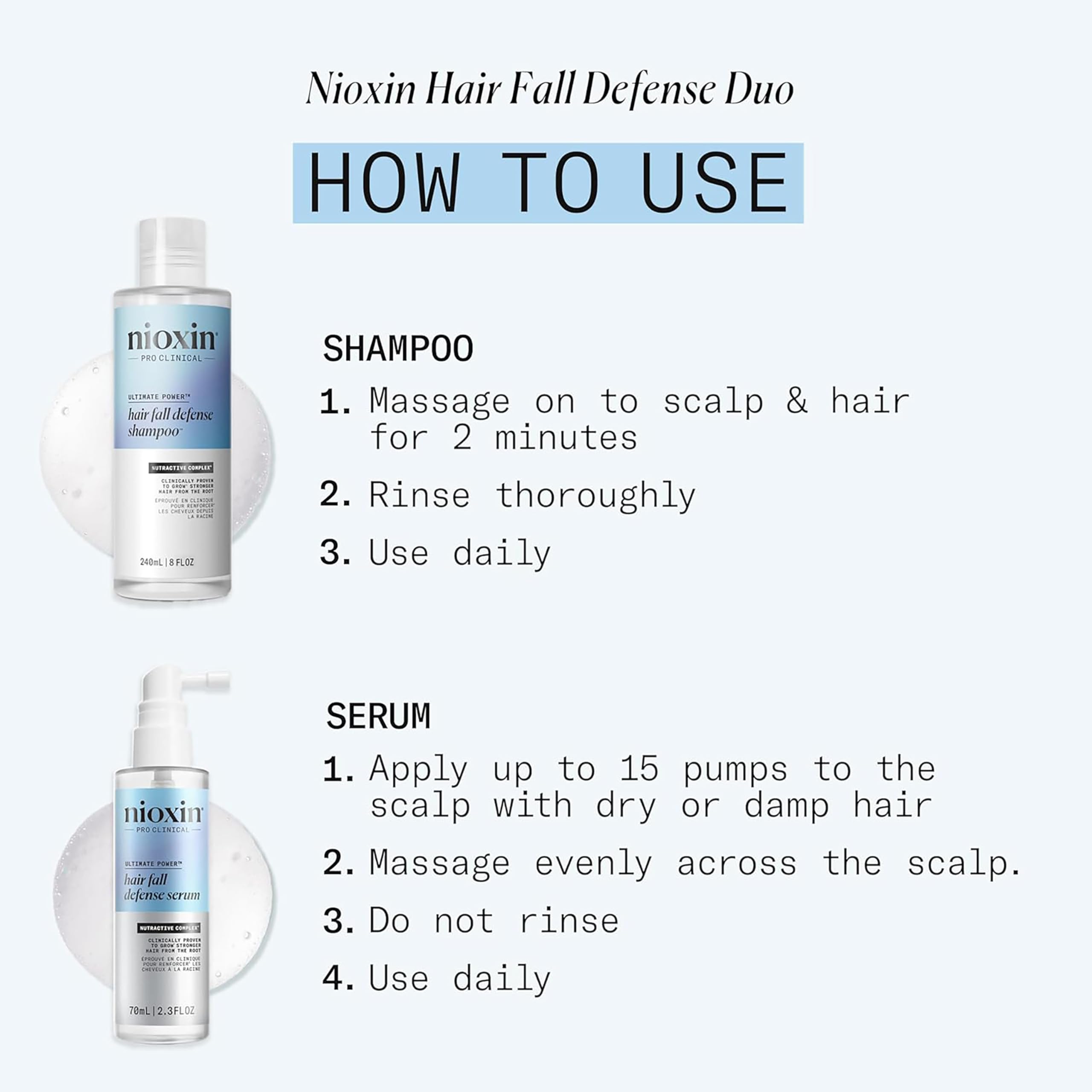 NIOXIN Hair Fall Defense Shampoo bottle close-up with label visible.