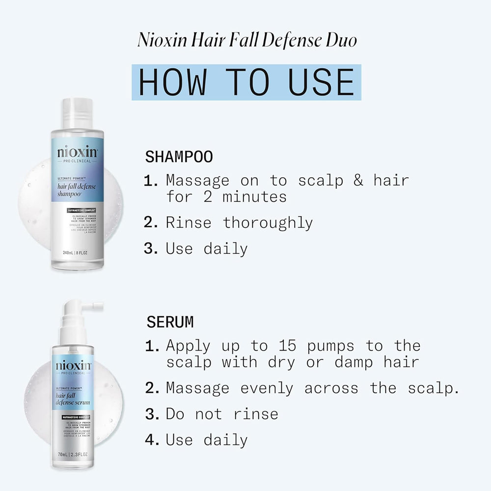 NIOXIN Hair Fall Defense Shampoo bottle close-up with label visible.