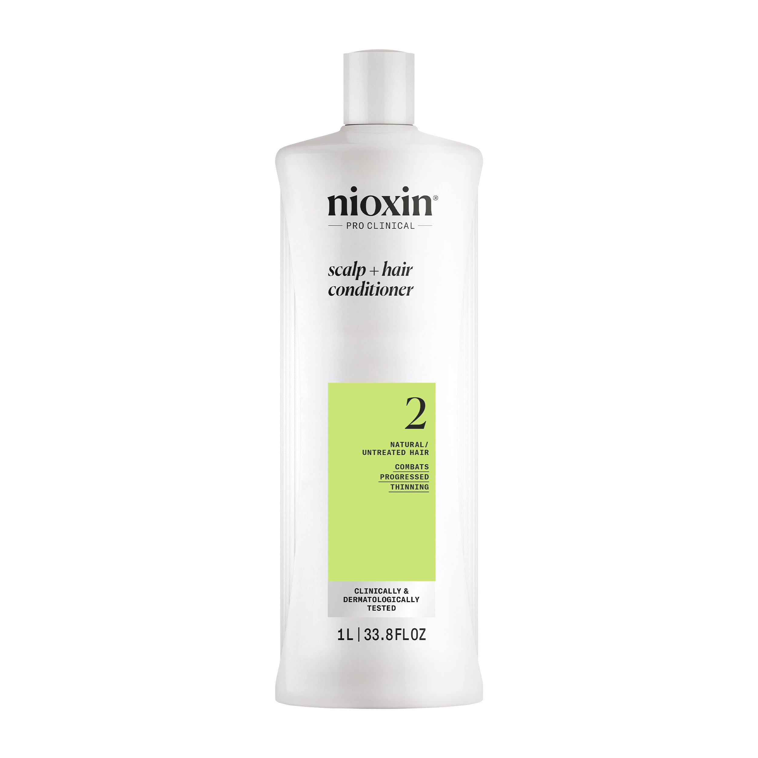 Nioxin System 2 conditioner bottle front highlights sleek design for thicker-looking hair.