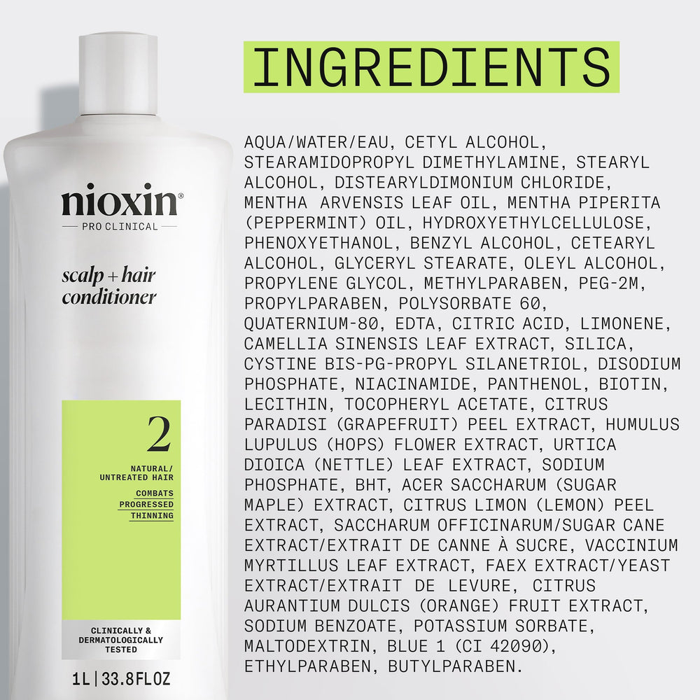 Nioxin System 2 conditioner on dresser suggests daily routine use.