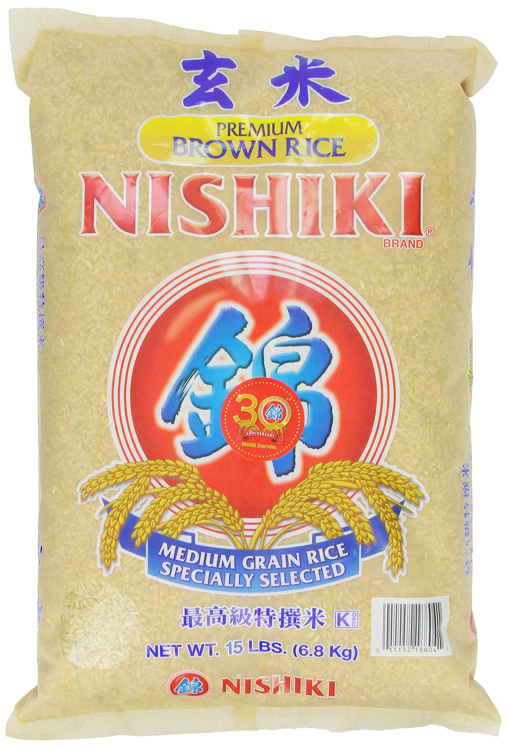 Nishiki Premium Brown Rice bag with 15-pound packaging for family meals.