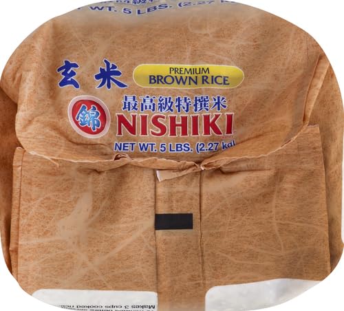 Nishiki Premium Brown Rice nutrition label emphasizing fiber and nutrients.
