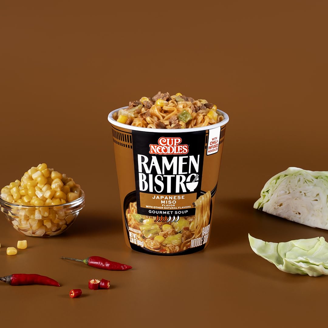 NISSIN Cup Noodle Ramen Bistro Japanese Miso broth steaming, bold miso aroma