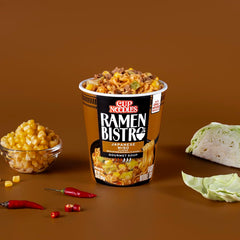 NISSIN Cup Noodle Ramen Bistro Japanese Miso broth steaming, bold miso aroma