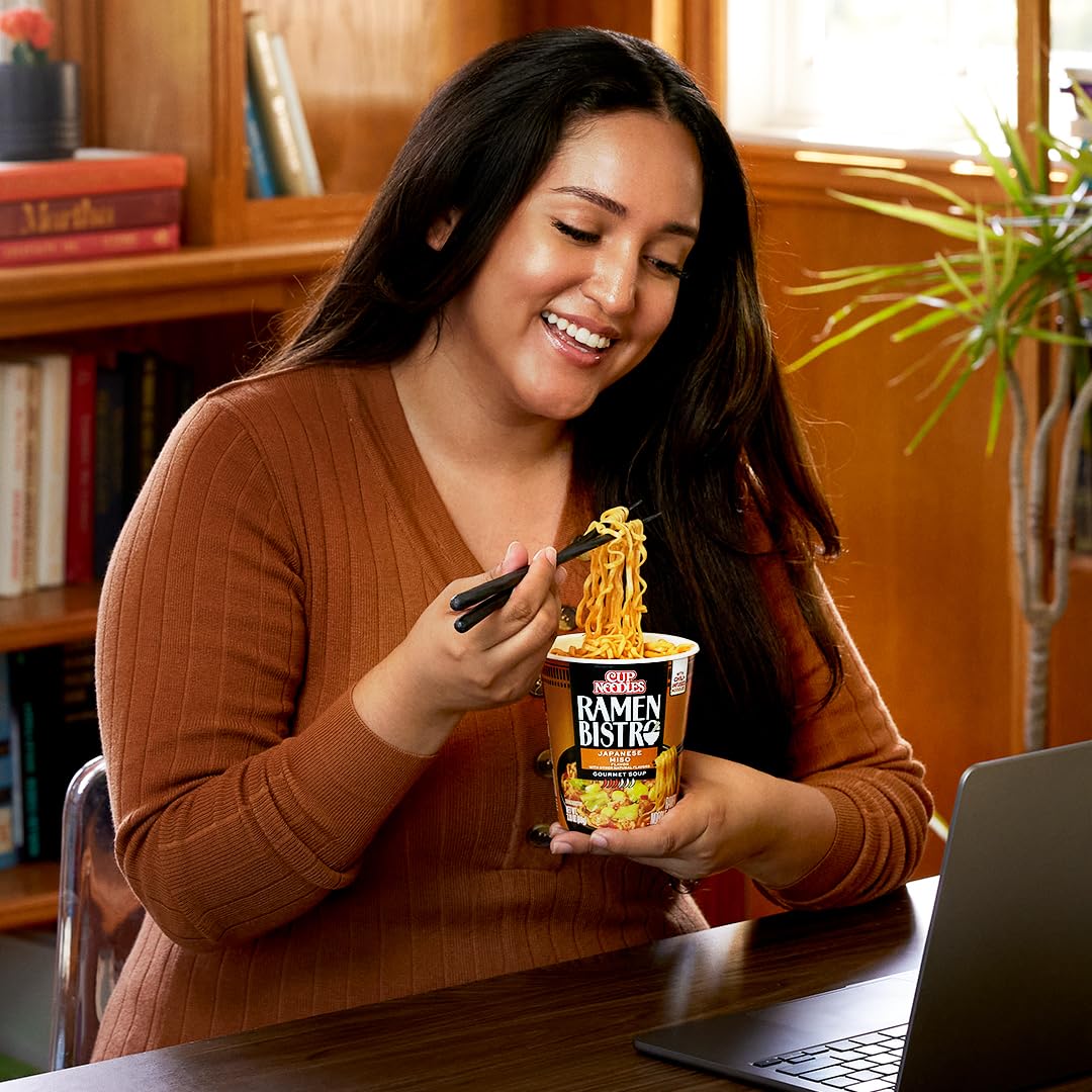 NISSIN Cup Noodle Ramen Bistro Japanese Miso ingredients visible, microwave-friendly option
