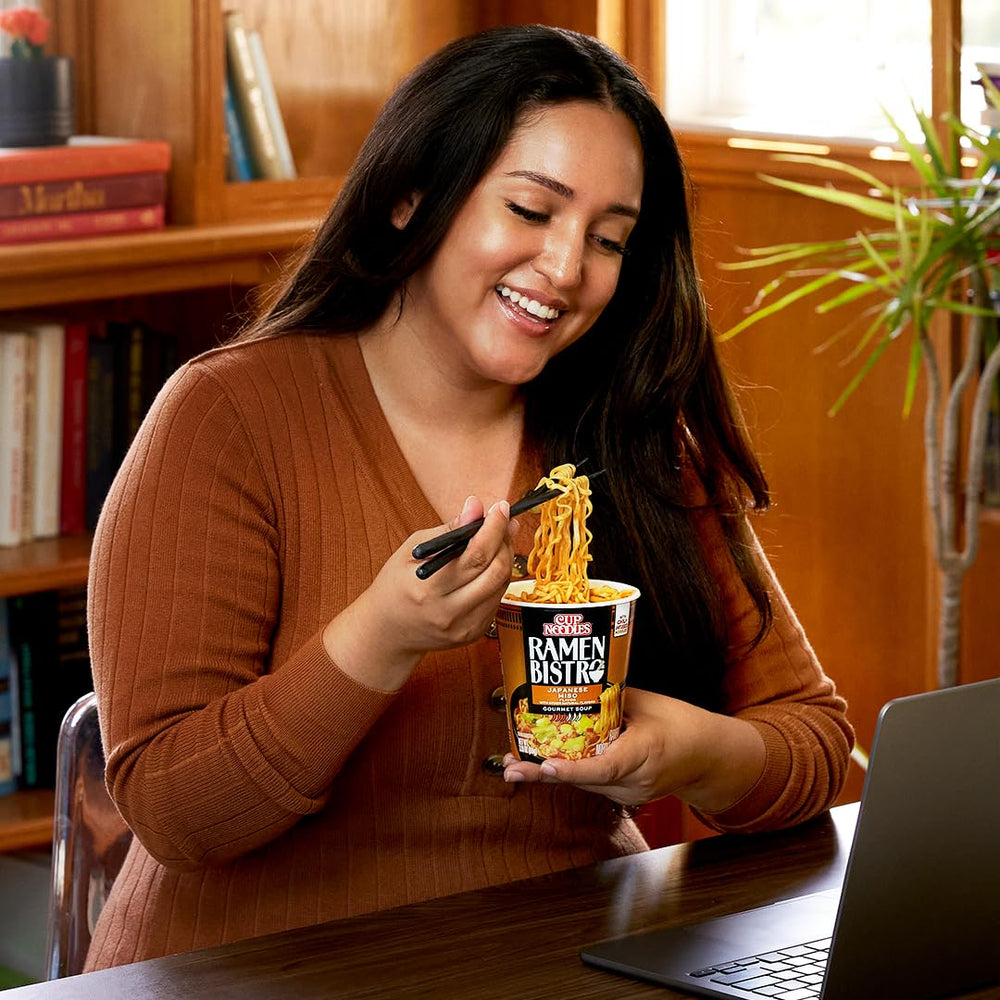 NISSIN Cup Noodle Ramen Bistro Japanese Miso ingredients visible, microwave-friendly option