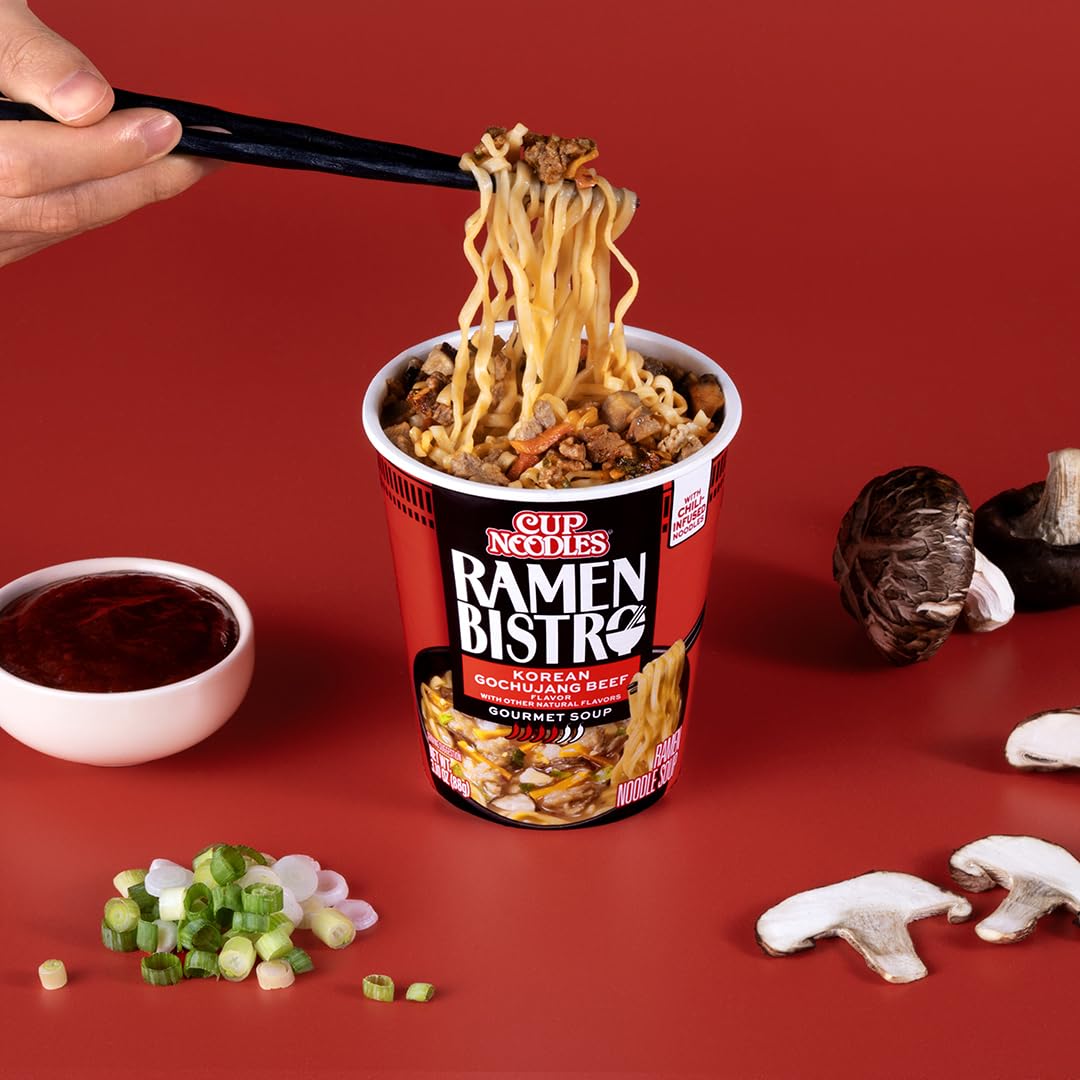 NISSIN Cup Noodle Ramen Bistro rich broth enhances beef gochujang with depth.