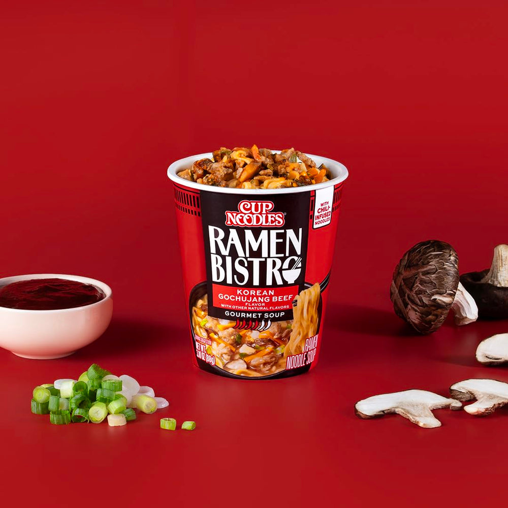 NISSIN Cup Noodle Ramen Bistro vegetables like carrot and bok choy add crunchy texture.