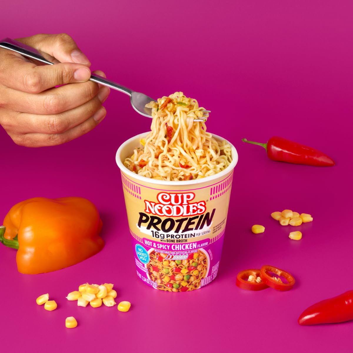 NISSIN Cup Noodles Protein Hot Spicy Chicken nutrition label shows 16g protein per serving.