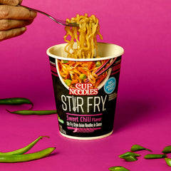 NISSIN Cup Noodles Stir Fry microwave-ready cup demonstrates convenience in minutes.