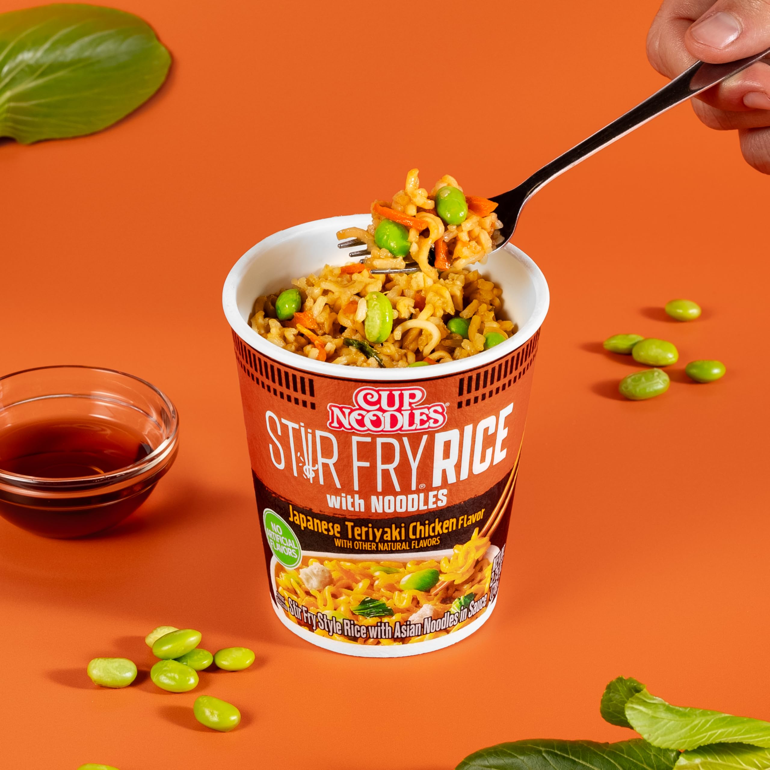 Nissin Cup Noodles Stir Fry Rice with Noodles Teriyaki Chicken, microwavable lunch option in minutes.