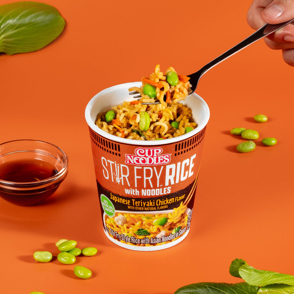 Nissin Cup Noodles Stir Fry Rice with Noodles Teriyaki Chicken, microwavable lunch option in minutes.