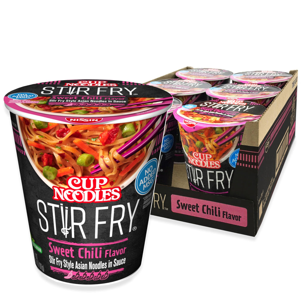 NISSIN Cup Noodles Stir Fry Sweet Chili cup ready in minutes for a quick meal.
