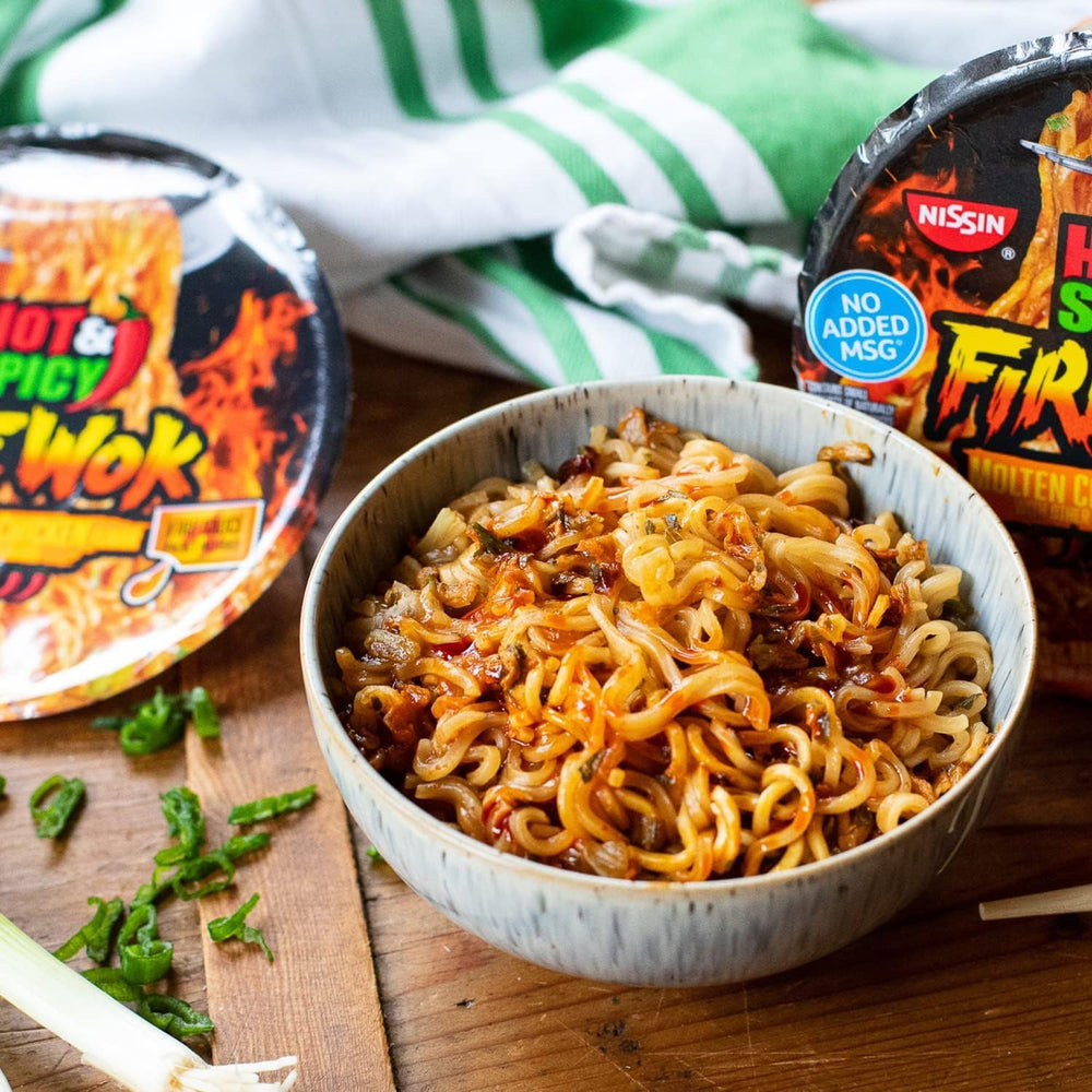 NISSIN Fiery Chicken Noodles served hot for bold taste