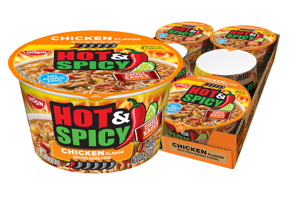 NISSIN Hot Spicy Chicken ramen bowl, ready in minutes for a quick lunch.