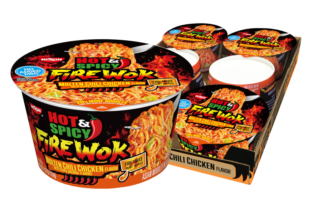 NISSIN Hot & Spicy Fire Wok bowl steaming, bold flavor ready in minutes