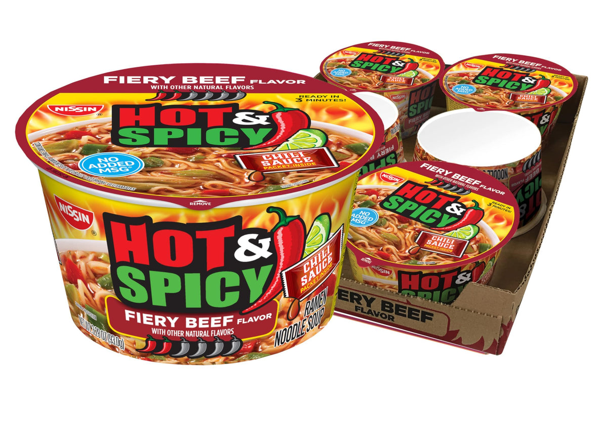 Nissin Hot and Spicy Fiery Beef Bowl steaming to upgrade quick lunches.