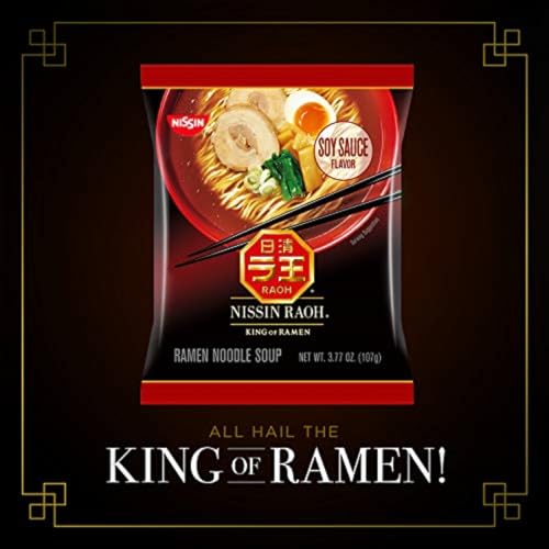 Nissin RAOH soy sauce broth close-up, delivering rich umami aroma for ramen fans.