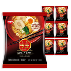 Nissin RAOH Soy Sauce pack shown, signaling a quick, flavorful dinner option for weeknights.
