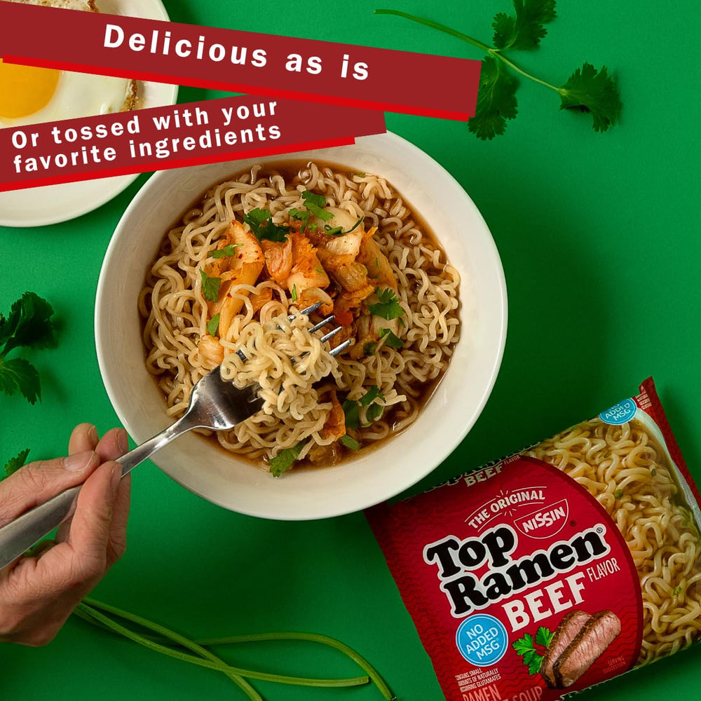 NISSIN Top Ramen Beef 24-pack for busy households seeking value.