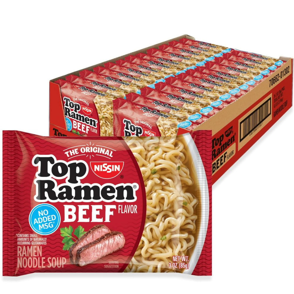 NISSIN Top Ramen Beef bowl with broth and noodles for a quick, satisfying meal.